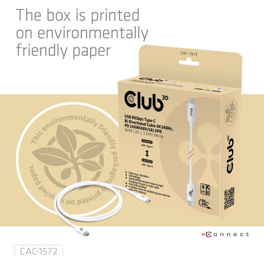 Club 3d gecertificeerde usb-c kabel (wit, 1,2 meter, 240 w)