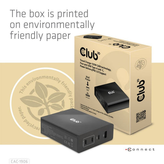 Club 3d travel charger 132w gan technology, four port usb type-a and -c (zwart, power delivery(pd) 3.0)