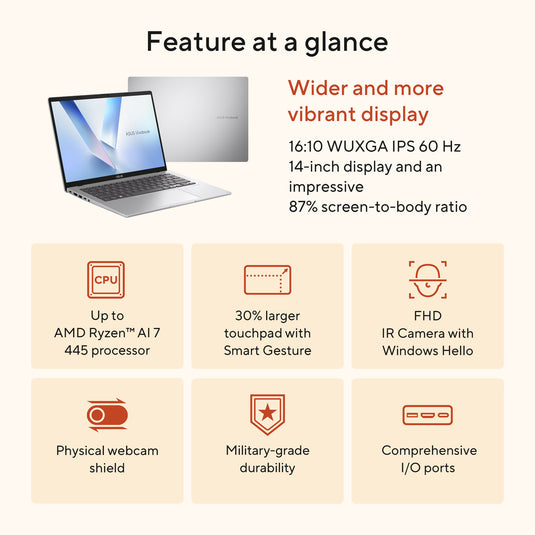 Asus vivobook 14 m1407ga-ly012w 14 copilot+ laptop (zilver | ryzen 7 445 | radeon 840m | 16 gb | 512 gd ssd)