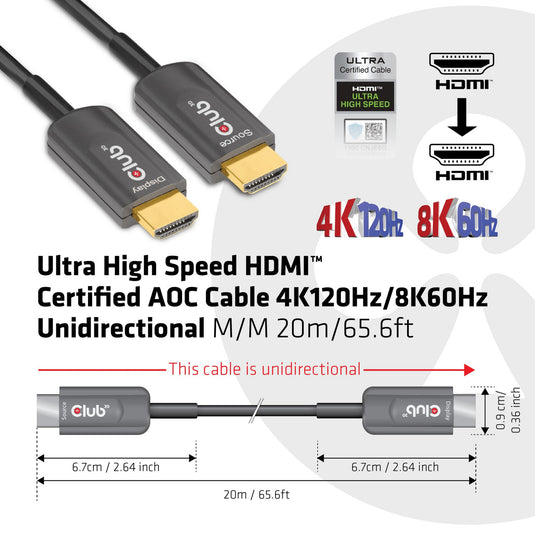 Club 3d gecertificeerde actieve optische ultra high speed hdmi 2.1 kabel (zwart, 20 meter, 8k)