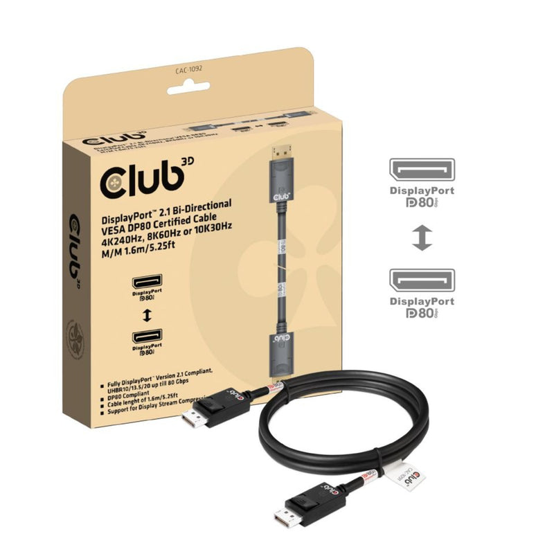 Load image into Gallery viewer, Club 3d displayport 2.1 vesa dp80 gecertificeerde kabel male-male (zwart, 1,6 meter, 8k 240hz, 10k 60hz, 80gbps)
