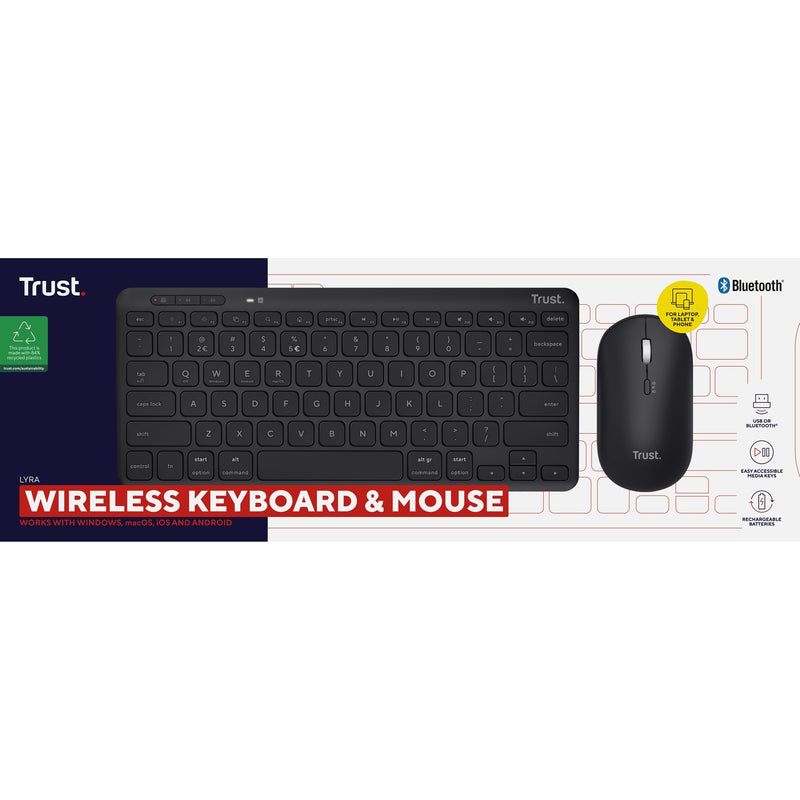 Load image into Gallery viewer, Trust lyra multi-device wireless keyboard mouse, desktopset (zwart, us lay-out, scissor switches, 800 - 1.600 dpi, 2,4 ghz usb, bluetooth, 65%)
