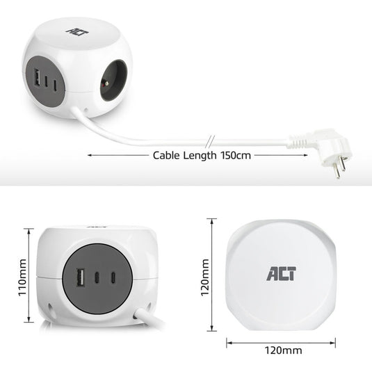 Act connectivity act stekkerdoos kubus met 3 stopcontacten, 30w power delivery usb-c a poorten, kabellengte 1,5m ac2425