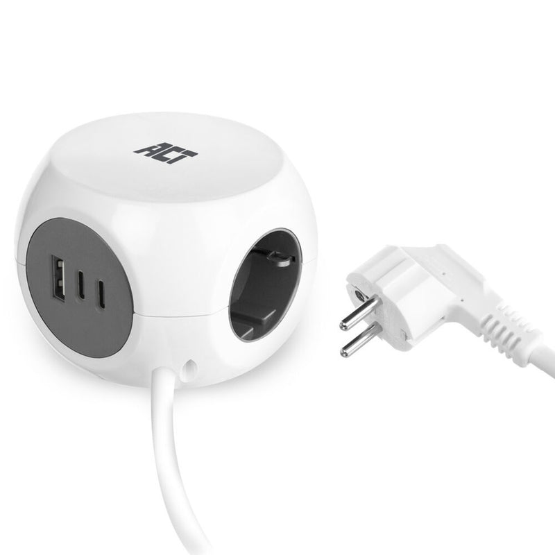 Load image into Gallery viewer, Act connectivity stekkerdoos kubus met 3 stopcontacten, 30w power delivery usb-c a poorten, kabellengte 1,5m stekkerdoos (wit, type f)
