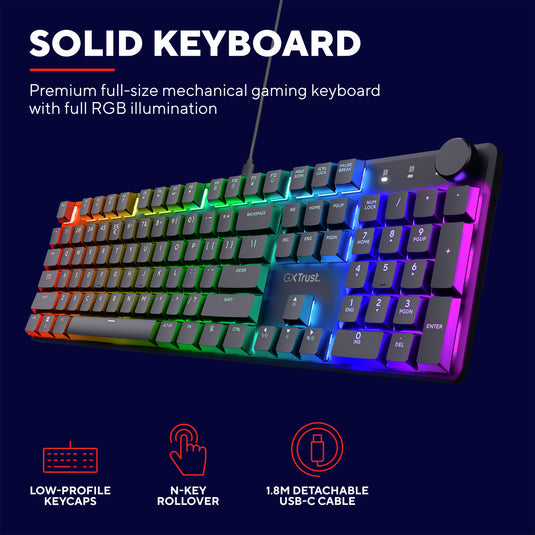 Trust gxt 866 torix mechanisch gaming toetsenbord (zwart, us lay-out (qwerty), huano red, 100%, rgb)