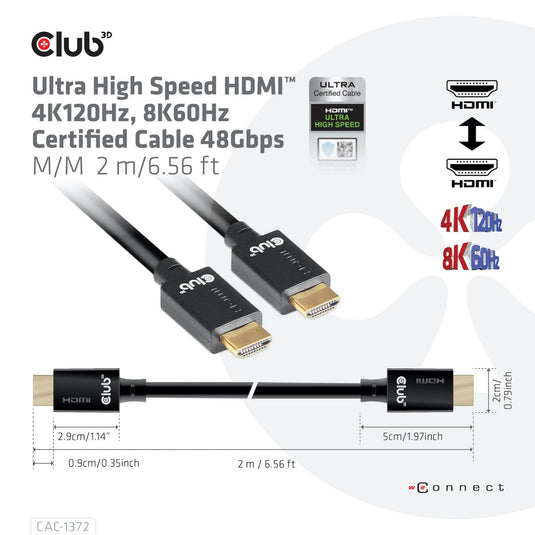 Club 3d ultra high speed hdmi kabel (zwart, 2 meter, 4k 120hz, 8k 60hz, 48gbps)
