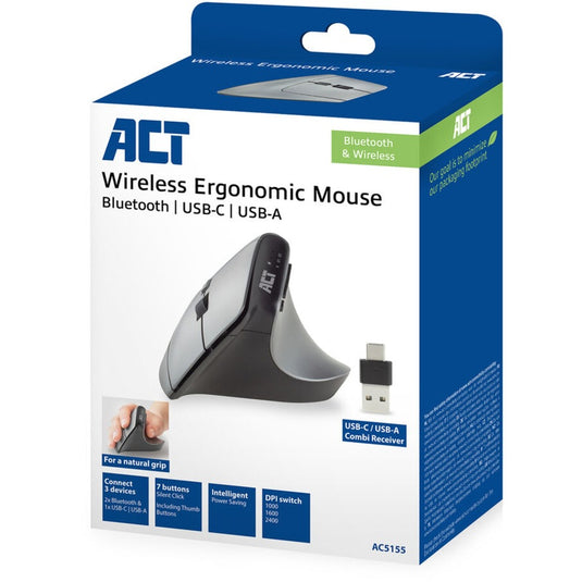 Act connectivity draadloze ergonomische muis met bluetooth en usb-c usb-a (zilver zwart, 1000 - 2400 dpi)