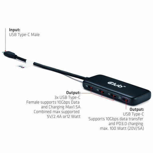 Club 3d usb-c 4-poorts 10g-datahub met pd3.0 usb-hub (zwart)