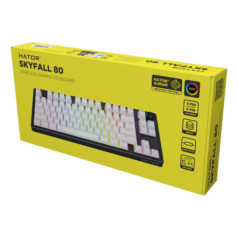 Chargez l'image dans la visionneuse de la galerie, Hator skyfall wireless rgb mechanisch gaming toetsenbord (zwart, us lay-out (qwerty), hator aurum lemon, 80% (tkl), rgb, double shot abs, hot-swap, 2.4ghz | bluetooth | usb-c)
