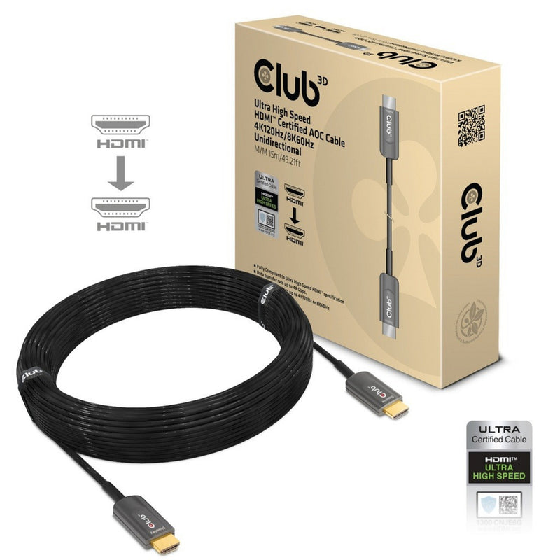 Afbeelding laden in galerijviewer, Club 3d ultra high speed aoc hdmi 2.1 gecertificeerde unidirectioneel kabel male-male (zwart, 15 meter, 4k 120hz, 8k 60hz, 48 gbps)
