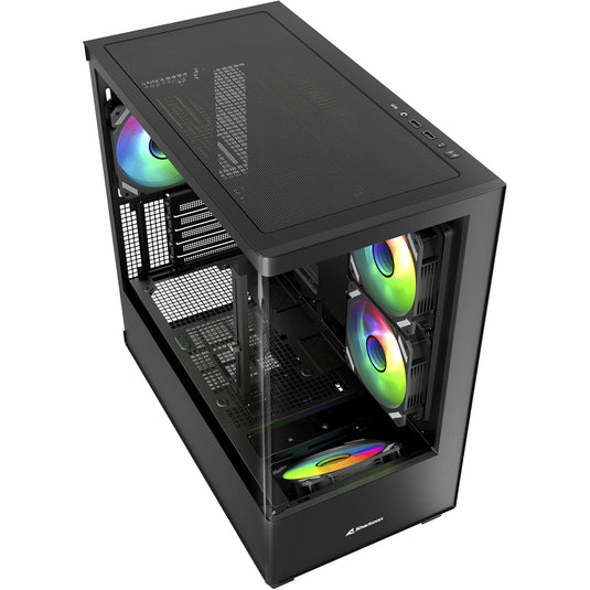 Sharkoon elite shark cm100 midi tower behuizing (zwart | 2x usb-a | 1x usb-c | rgb | tempered glass)