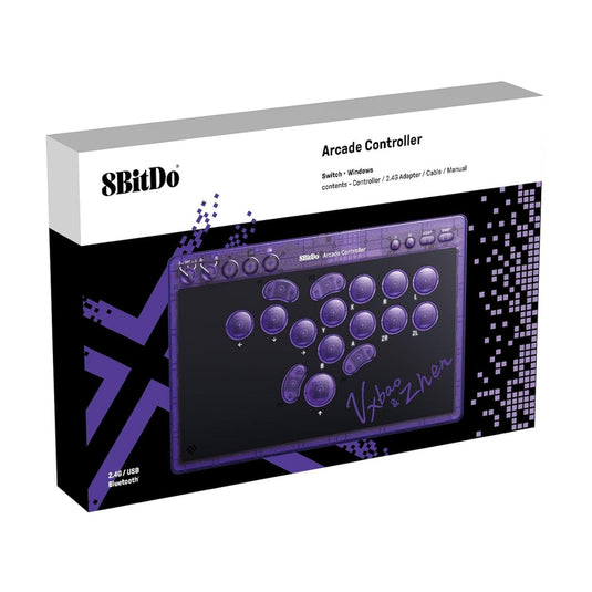 8bitdo arcade controller - transparent purple signature edition (paars transparant, 2.4 ghz bluetooth usb, nintendo switch 1 + 2, pc)