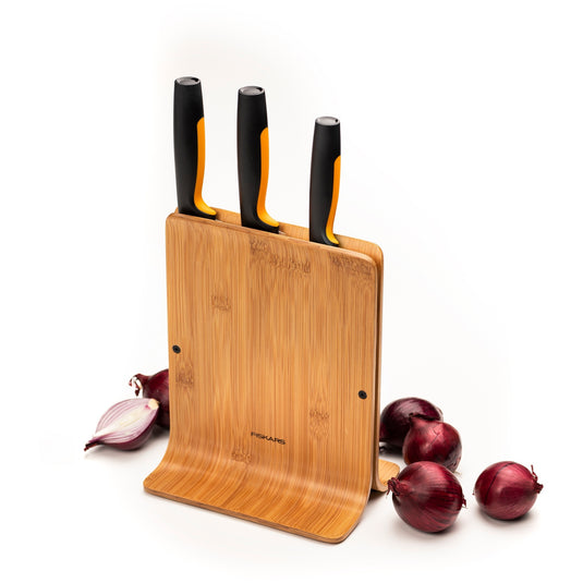 Fiskars functional form bamboe messenblok met 3 messen (meerkleurig, japans roestvrij staal | handvat met softgrip)