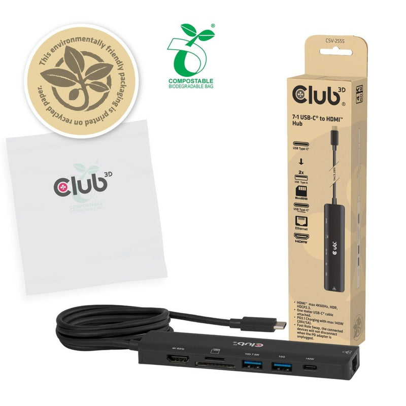 ギャラリービューアに画像をロードする, Club 3d csv-2555 7-1 usb-c naar hdmi hub (zwart, 4k60hz, pd3.1 140w, usb-a, usb-c, lan, microsd)
