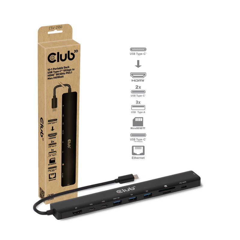 Chargez l'image dans la visionneuse de la galerie, Club 3d 10-1 portable dock usb type-c 10gbps to hdmi 8k30hz pd3.1 max.140 watt dockingstation (zwart, hdmi, usb-c, lan)
