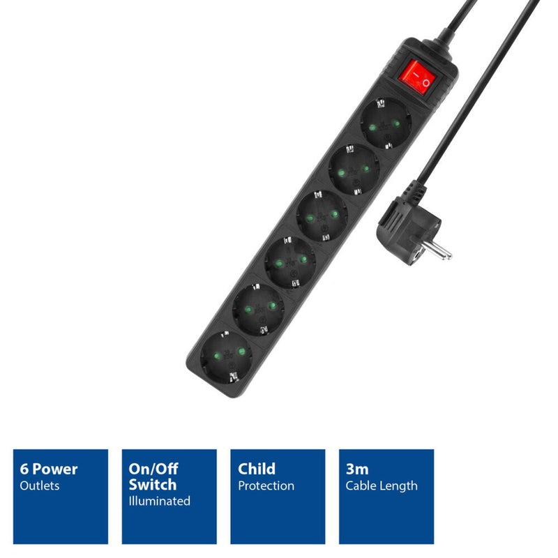 Load image into Gallery viewer, Act connectivity stekkerdoos met lichtgevende schakelaar, 6 sockets, 3 m, zwart stekkerdoos (zwart)
