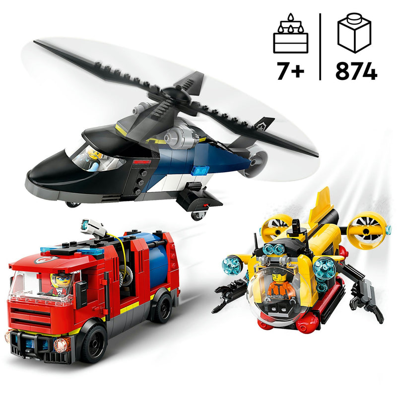 Afbeelding laden in galerijviewer, Lego city - helikopter, brandweerauto en onderzeeër remix constructiespeelgoed (60462 | set van 3 modulaire voertuigen)
