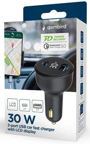 Afbeelding laden in galerijviewer, Enzo gembird usb + usb-c autolader | 30w | zwart | status lcd - 9540114
