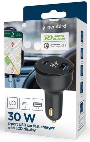 Chargez l'image dans la visionneuse de la galerie, Enzo gembird usb + usb-c autolader | 30w | zwart | status lcd - 9540114
