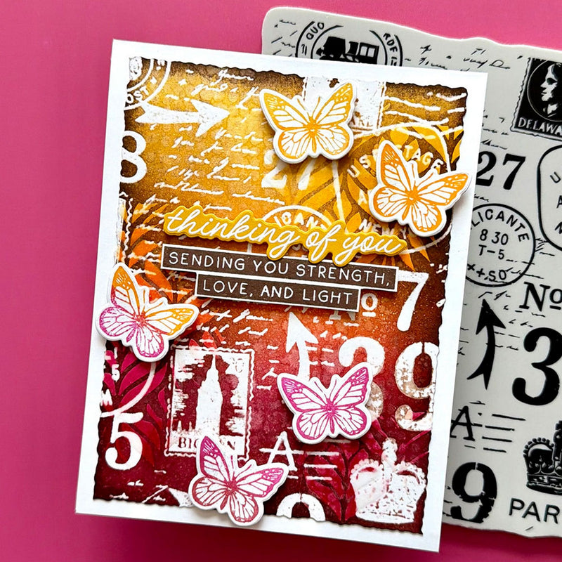 Load image into Gallery viewer, Ranger ink ranger • simon hurley create. background stamp postal collage
