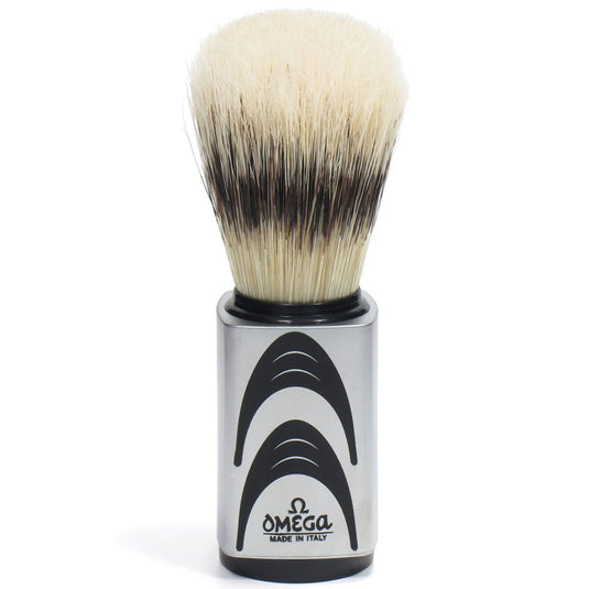 Omega scheerkwast hi-brush varkenshaar met dassenhaareffect grijs handvat + standaard 11,5cm