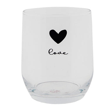 Clayre eef transparant drinkglas met zwart hartje en het woord love . ã˜8x9cm 300ml
