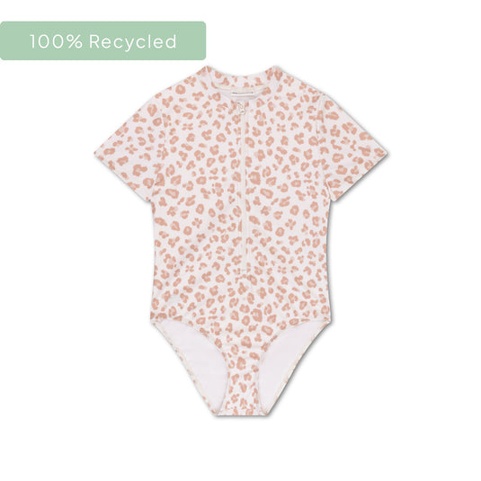 Leopard | beige meisjes uv badpak met korte mouwen