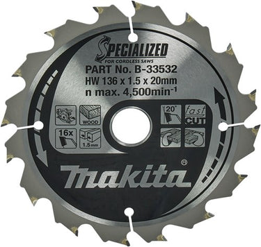 Makita accessoires makita cirkelzaagblad voor hout | specialized | ø 136mm asgat 20mm 16t - b-33532