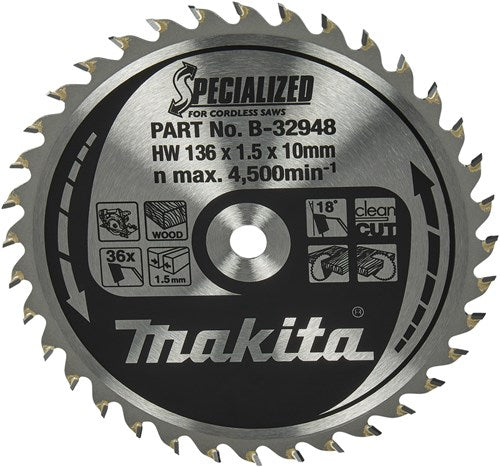 Load image into Gallery viewer, Makita accessoires cirkelzaagblad hout specialized 136x10x1,5 36t 18g - b-32948

