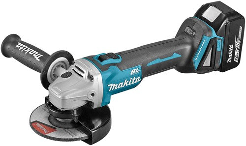 Makita dga506rtj 18v haakse slijper 125mm 5,0ah accu (2 st), snellader, mbox, met vastzetschakelaar