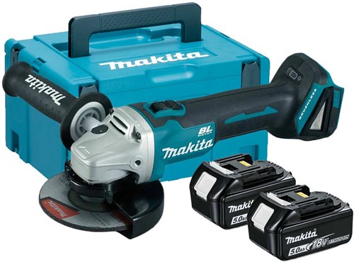 Load image into Gallery viewer, Makita dga506rtj 18v haakse slijper 125mm 5,0ah accu (2 st), snellader, mbox, met vastzetschakelaar
