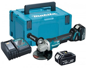 Makita dga508rtj 18v haakse slijper 125mm 5,0ah accu (2 st), snellader, mbox, met veiligheidsschakelaar