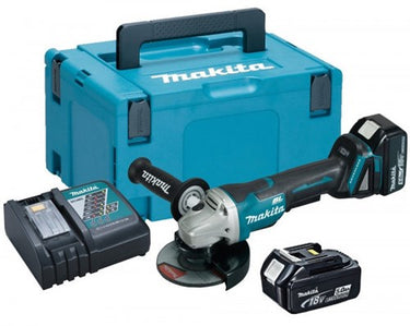 Makita dga508rtj 18v haakse slijper 125mm 5,0ah accu (2 st), snellader, mbox, met veiligheidsschakelaar