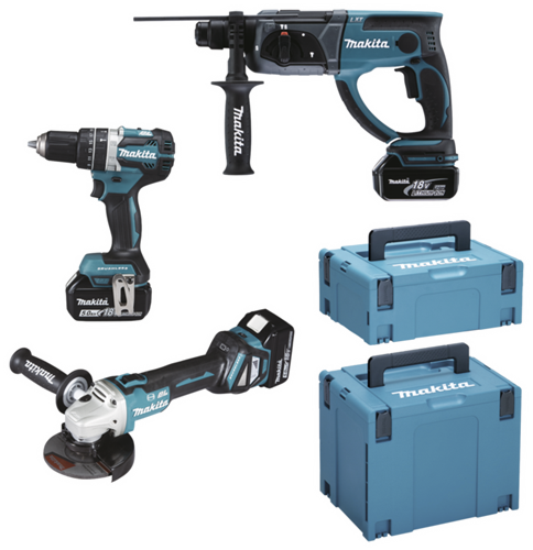 Makita dlx3093tj 18v lxt 3 delige set: dga513 haakse slijper + dhp484 (klop)boormachine + dhr202 boorhamer met 3 x 5.0ah accu's - dlx3093tj