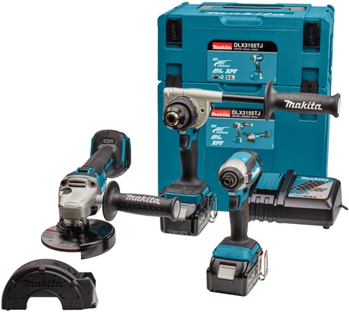 Load image into Gallery viewer, Makita dlx3155tj | combiset | 18 v | boren, (slag)schroeven en slijpen | set | 5,0 ah | in mbox - dlx3155tj

