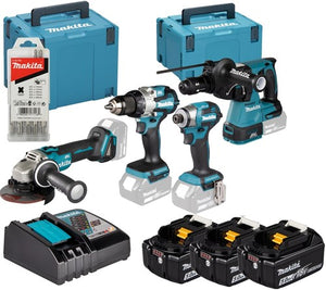 Makita dlx4196jx1 | lxt accu combiset 18v ddf489 + dtd173 + dhr243 + dga504 in 2 mboxen (3x 5.0ah accu + lader) - dlx4196jx1