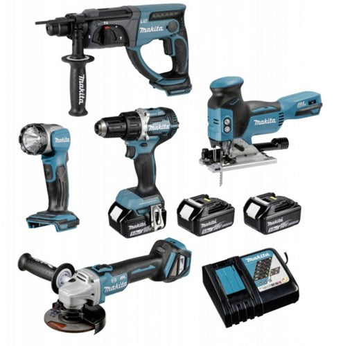 ギャラリービューアに画像をロードする, Makita dlx5044tj | lxt accu combiset 18v boorhamer + decoupeerzaag + haakse slijper + lamp + boormachine in koffer (3x 5.0ah accu + lader) - dlx5044tj
