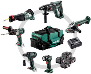 Metabo combo set 6.1 | accu combiset 18v sb 18 ltx + kh 18 ltx 24 + w 18 l 9-125 quick + ase 18 ltx + ssw 18 ltx 300 bl + ula 14.4-18 led in gereedschapstas (4x 4.0ah accu + asc 55 lader) - 685211000