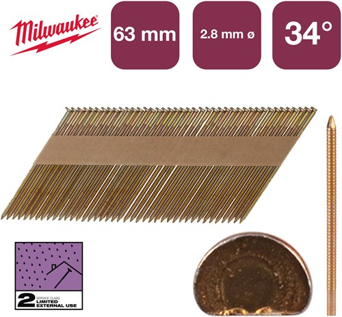 Load image into Gallery viewer, Milwaukee accessoires nagels d-kop 34° 63x2,8mm rs g sc2 | 2.200 stuks - 4932492607
