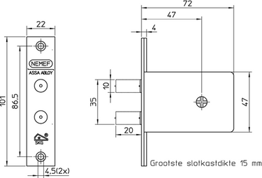 Nemef 1008 veiligheidsbijzetslot | skg* | dm47mm | 22x101mm rechthoekig | set van 3 stuks | gelijksluitend | dr 1+2+3+4 - 9100800453