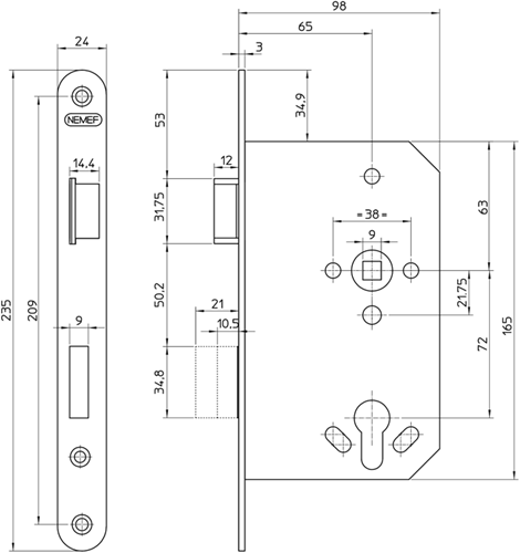 Cargue la imagen en el visor de la galería, Nemef 1769 23 rs deurslot | dm65mm | pc72mm | voorplaat staal verzinkt 24x235mm afgerond | staal verzinkte dag- en nachtschoot | 2 toers | dr 1+3 - 9176923651
