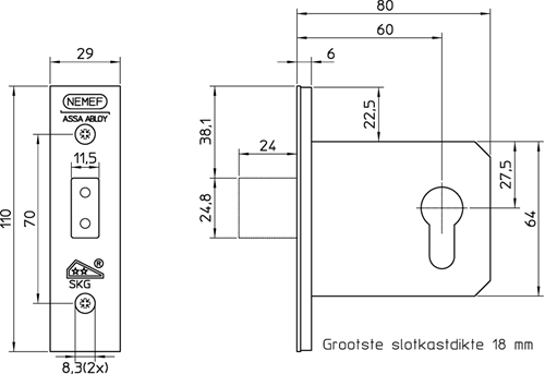 Cargue la imagen en el visor de la galería, Nemef 4328 veiligheidsbijzetslot | skg** | dm60mm | voorplaat rvs siervoorplaat 29x110mm rechthoekig | dr 1+2+3+4 - 9432817600
