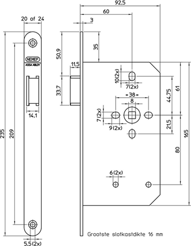 Nemef 635 loopslot | dm60mm | krukgat 8mm | voorplaat rvs 20x235mm afgerond | messing dagschoot | dr 2+4 - 9063517652
