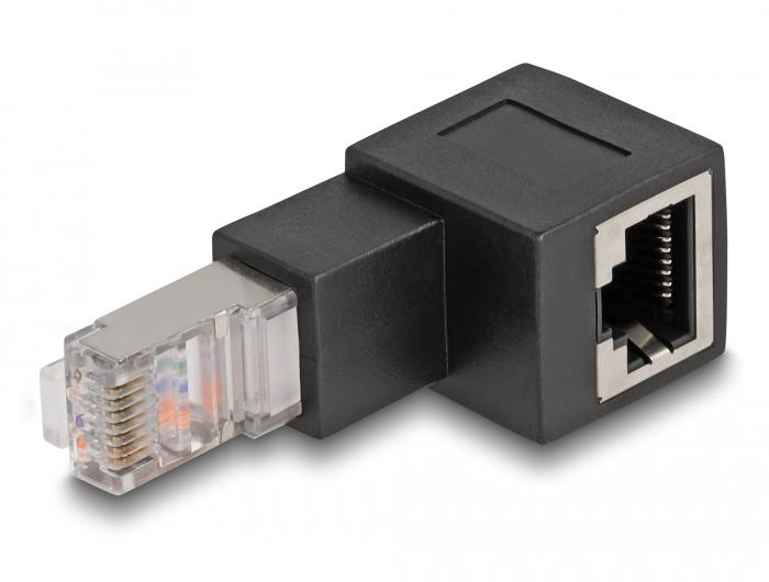 Load image into Gallery viewer, Delock rj45 plug to rj45 jack adapter cat.6a 90° downwards angled (zwart)
