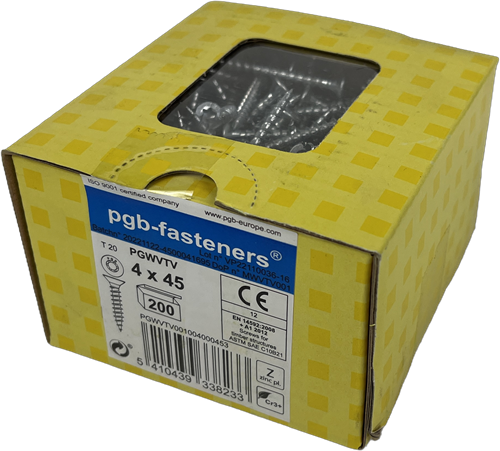 Pgb-europe pgb-fasteners universele spaanplaatschroef vk-t voldraad verzonken kop ø4,0x45 zn tx20 | 200 st | pgwvtv001004000453