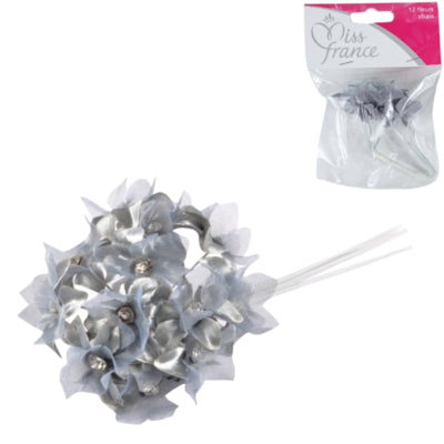 Load image into Gallery viewer, Miss france satijnen bloemen met strass grijs 13 cm 12 stuks | 24 stuks
