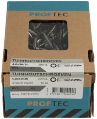 Chargez l'image dans la visionneuse de la galerie, Proftec tuinhoutschroef rvs-410 lk zwarte kop +snijpunt torx tx20 4.0x35 24 | 200 stuks - 5207.31.25405
