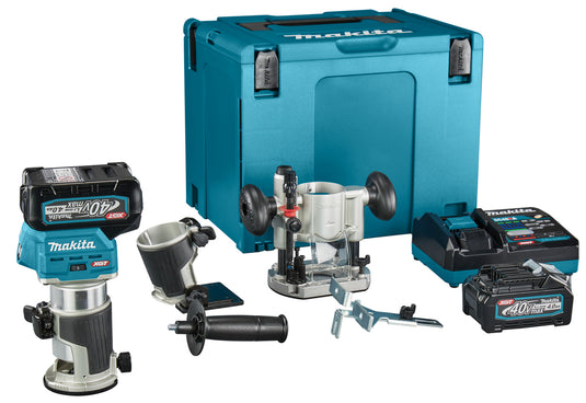 Makita rt001gm205 boven- en kantenfrees | 40 v max | 2 x 4.0 ah accu + snellader | incl. diverse voeten | in mbox rt001gm205