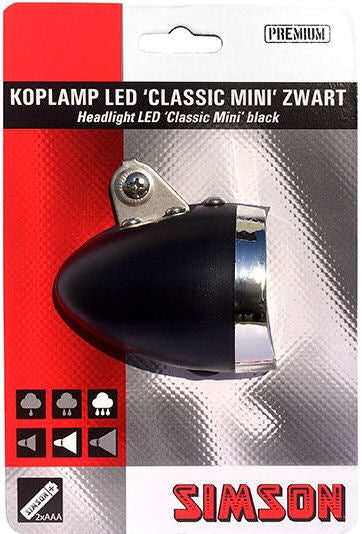 Load image into Gallery viewer, Simson voorvorkkoplamp Classic Mini zwart incl. bat. op kaart
