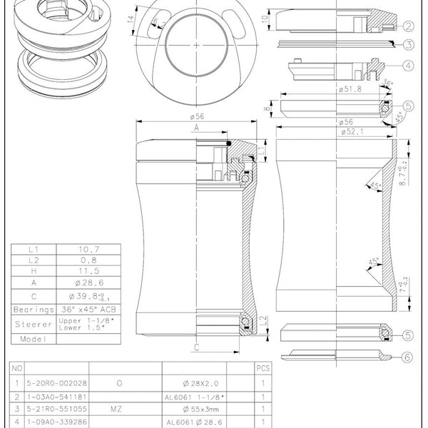 Balhoofdstel1 1 8 inch semi geintegreerd met kabel doorvoer